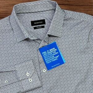 Bugatchi Ooocotton Men’s Navy 8-Way Stretch LS Button Down Dress Shirt. Large
